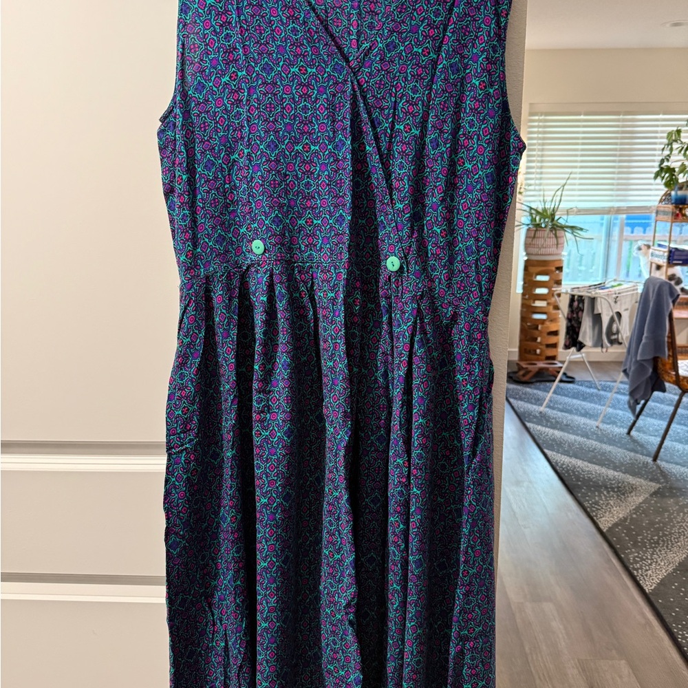 Vintage Sleeveless Teal & Purple Printed A-Line Dress